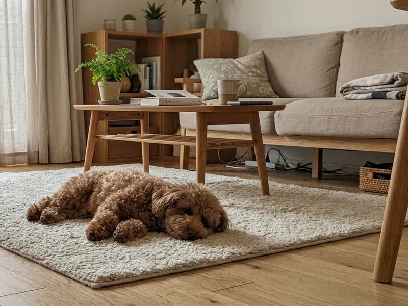 リビングでくつろぐトイプードルのスマートフォン写真