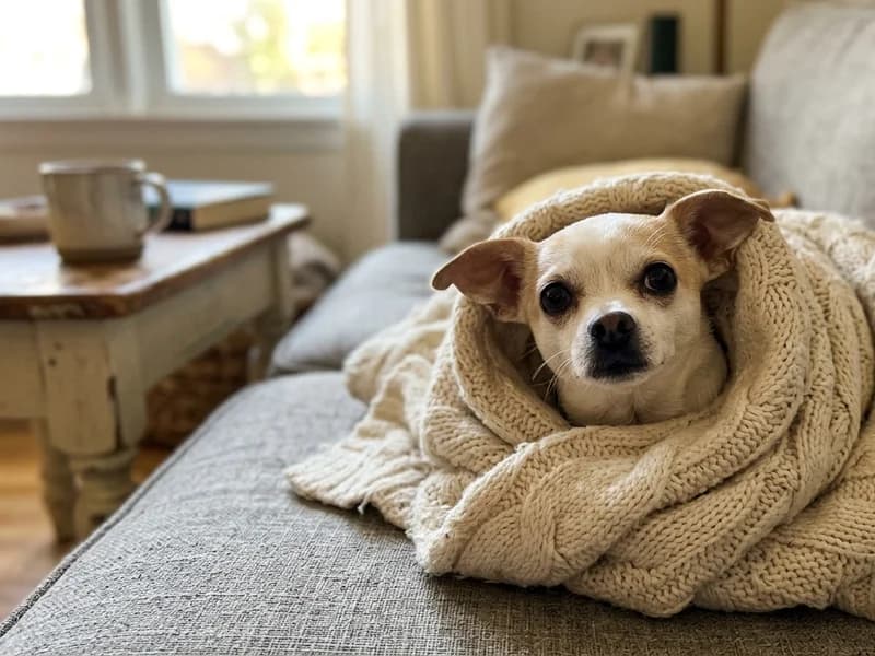 ソファでブランケットにくるまるチワワの写真