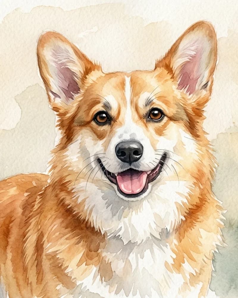 ウェルシュ・コーギーの愛嬌ある水彩画ポートレート