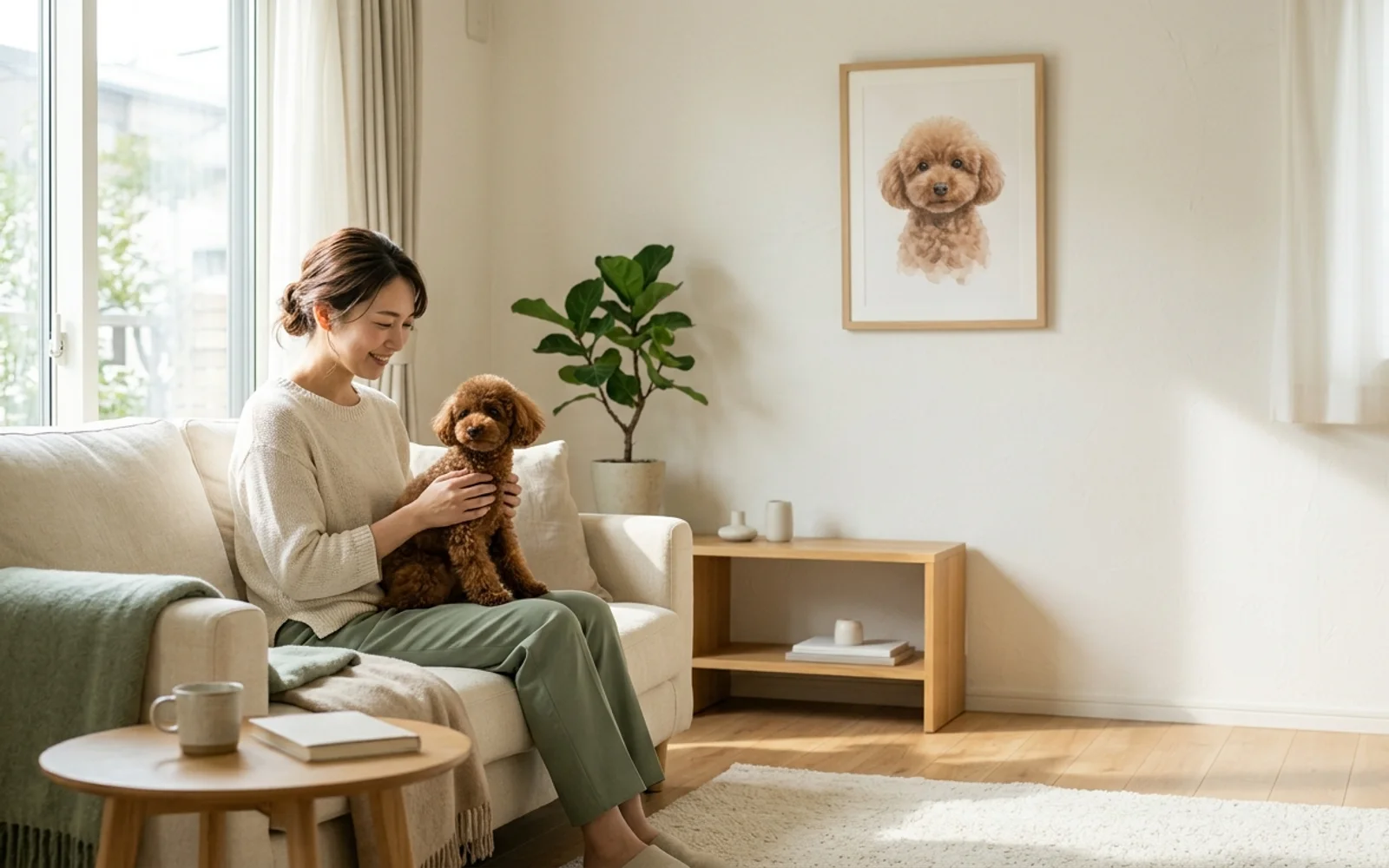 リビングに飾られた愛犬の水彩画アートと、くつろぐ飼い主と愛犬