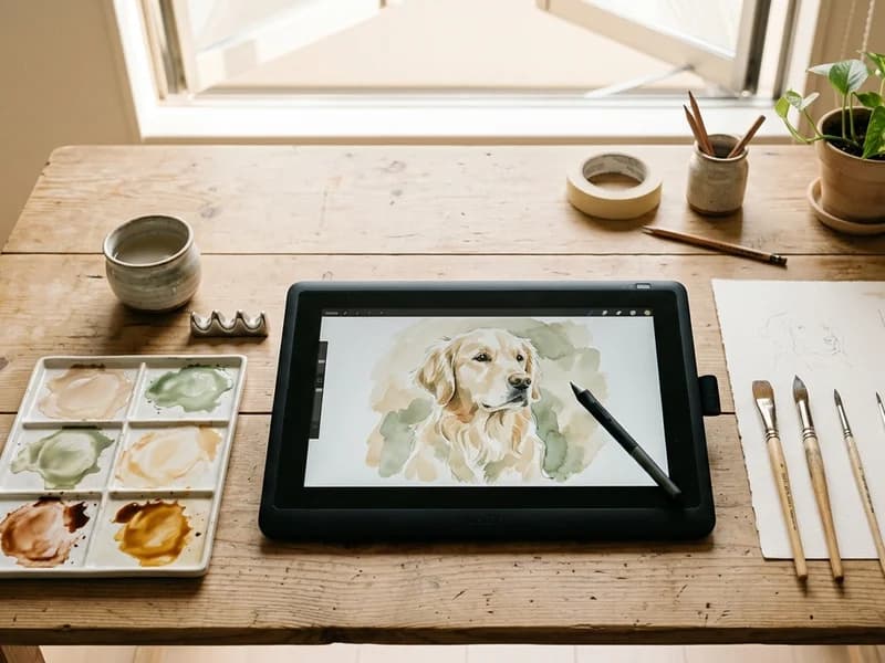デジタル水彩画でペットの肖像を描くアーティストの作業風景