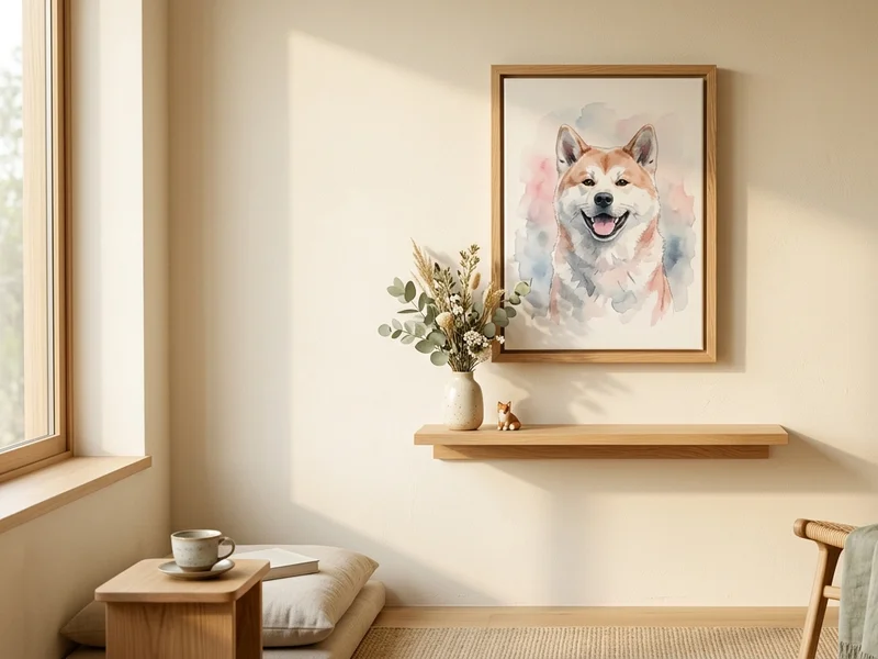 朝の光が差し込むリビングに掛けられたキャンバスのペットアート